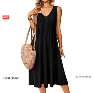 Sleeveless Midi Pleated Tank Sundress with Pockets V-Neck A-Line Swing